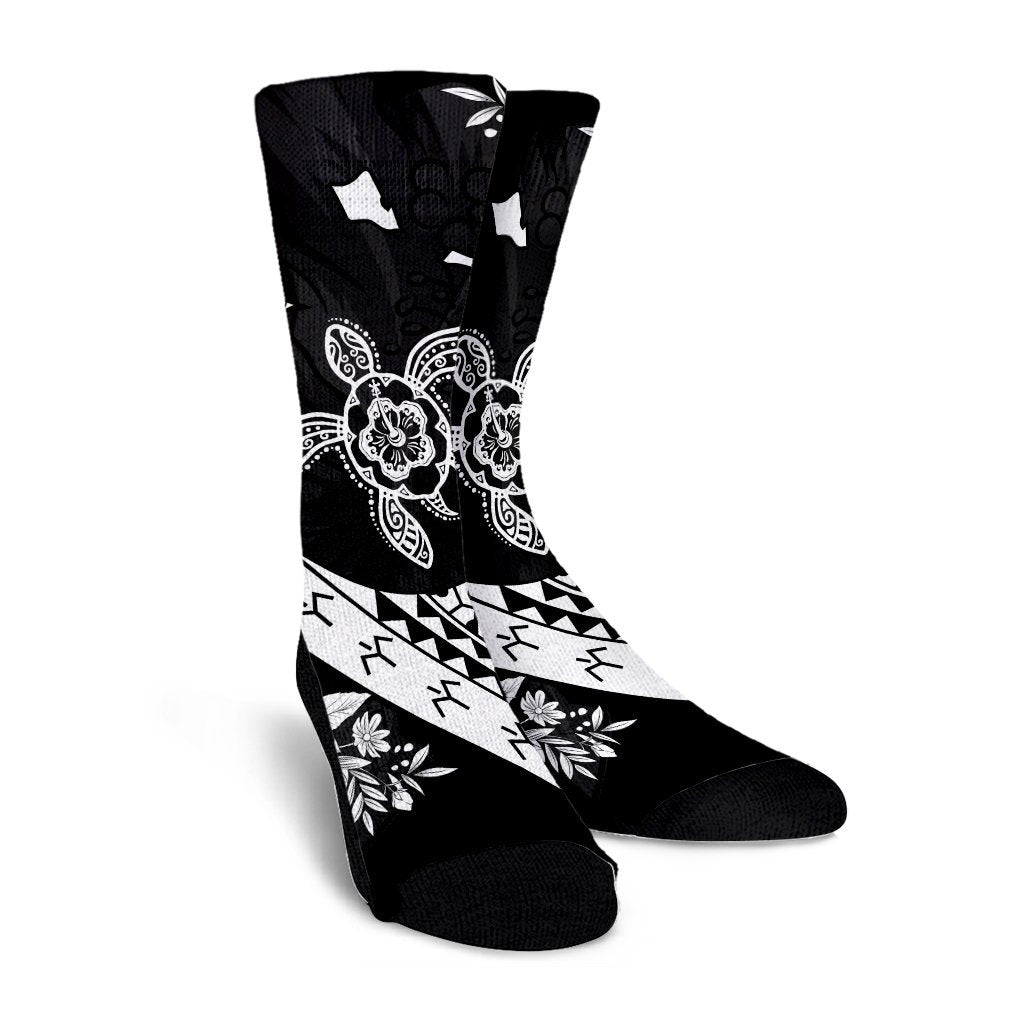 Hawaiian Map Hibiscus Turtle Fish Hook Polynesian Crew Socks - AH - Polynesian Pride