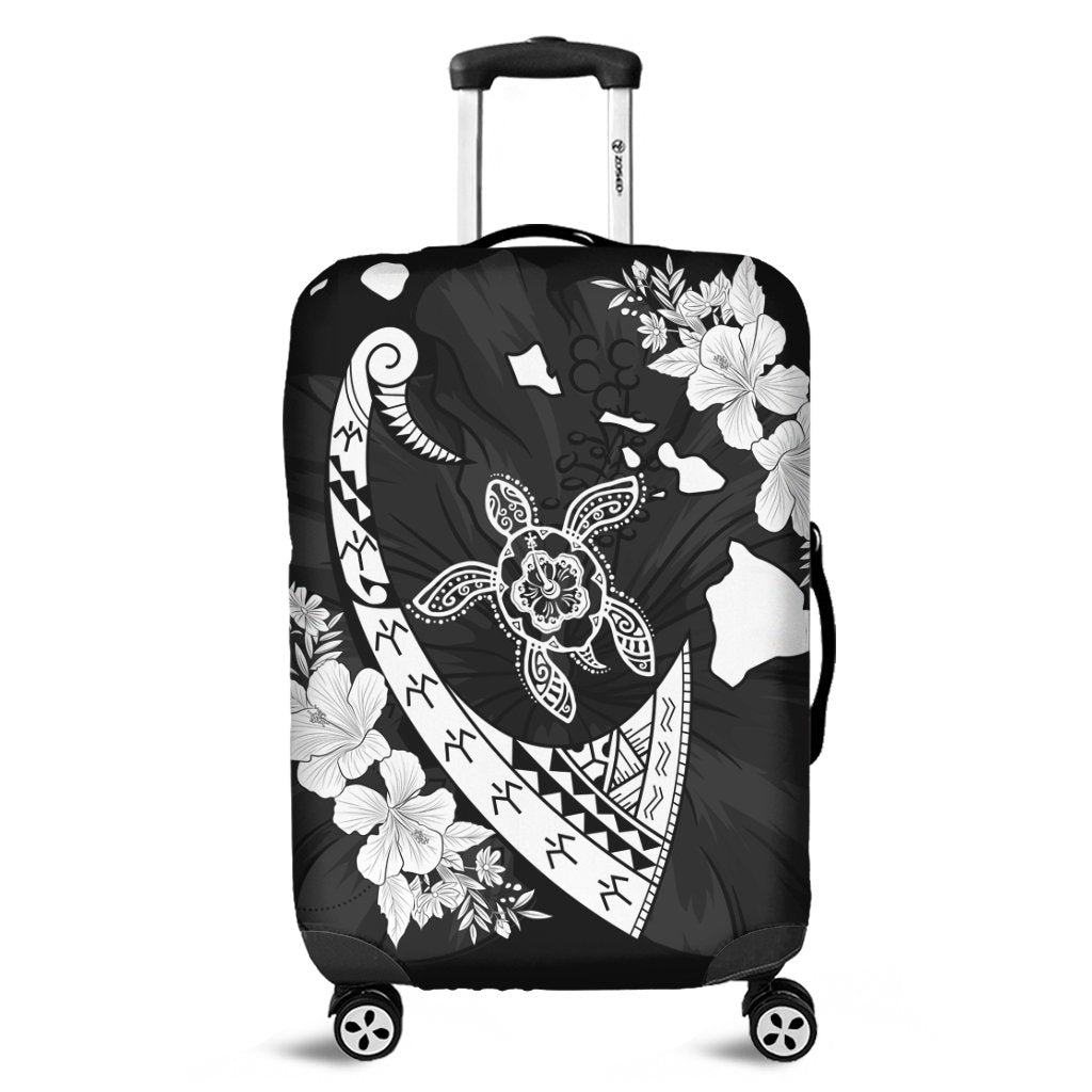 Hawaiian Map Hibiscus Turtle Fish Hook Polynesian Luggage Covers - AH Black - Polynesian Pride