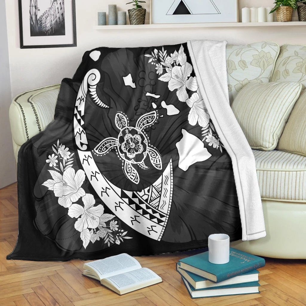 Hawaiian Map Hibiscus Turtle Fish Hook Polynesian Premium Blankets - AH White - Polynesian Pride