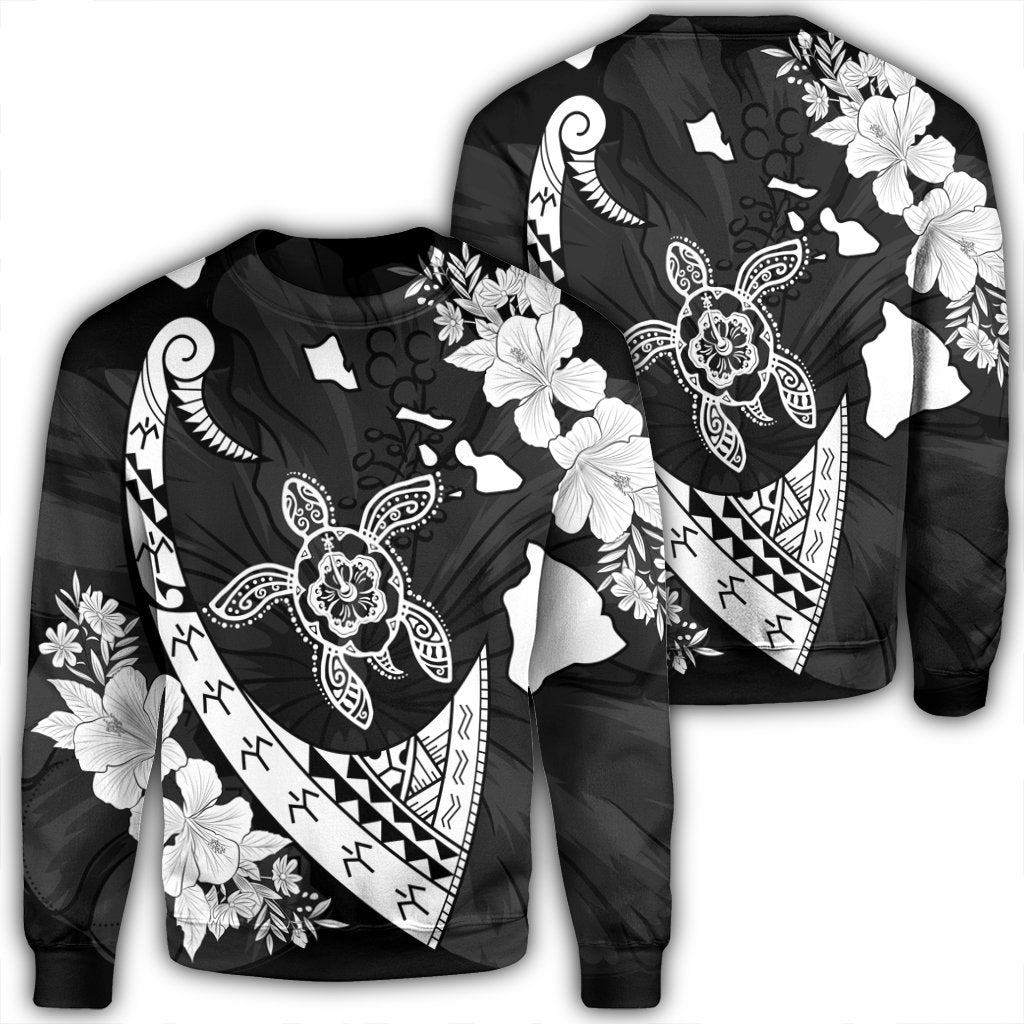 Hawaiian Map Hibiscus Turtle Fish Hook Polynesian Sweatshirt - AH Unisex Black - Polynesian Pride
