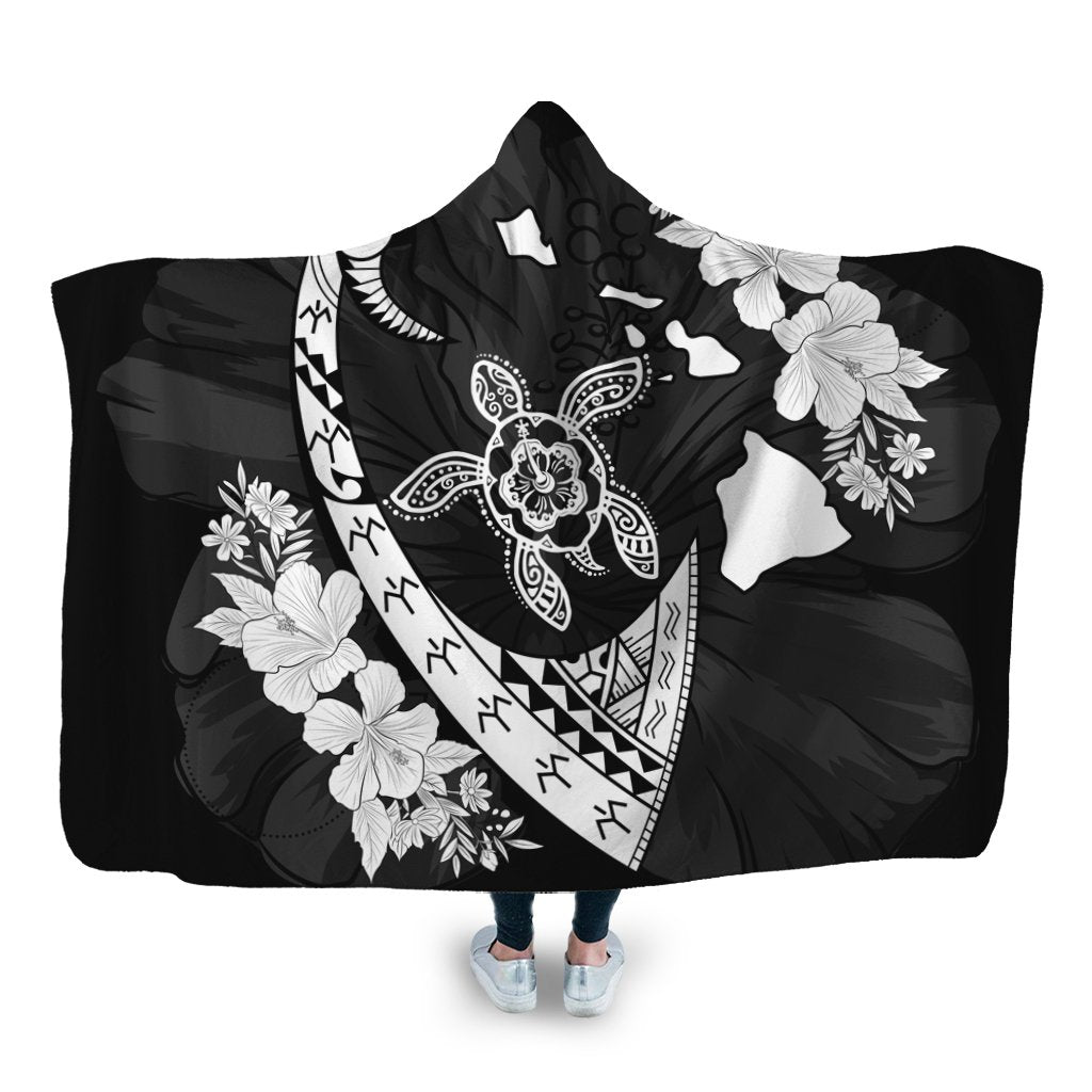 Hawaiian Map Hibiscus Turtle Fish Hook Polynesian Hooded Blanket - AH Hooded Blanket White - Polynesian Pride