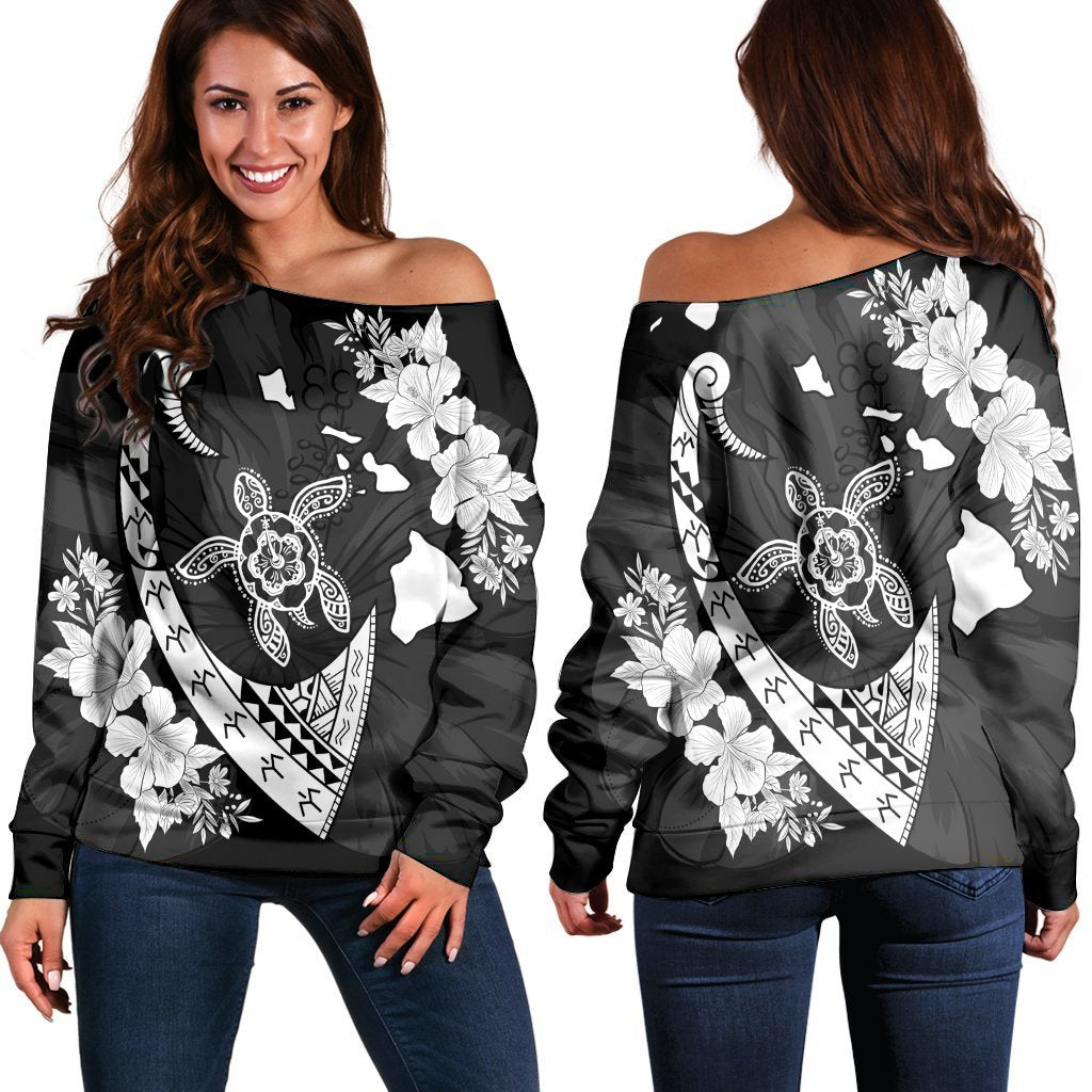 Hawaiian Map Hibiscus Turtle Fish Hook Polynesian Women's Off Shoulder Sweater - AH Black - Polynesian Pride