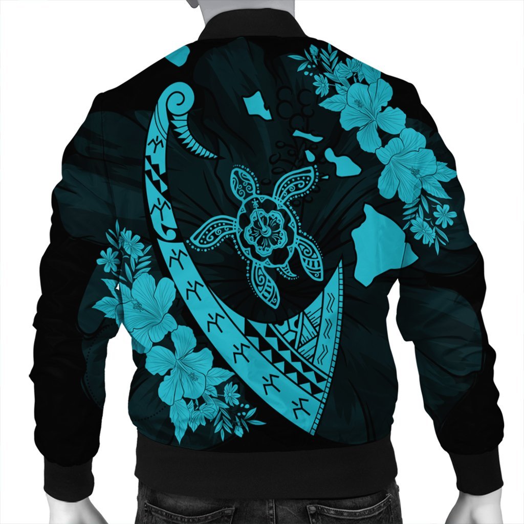 Hawaiian Map Hibiscus Turtle Fish Hook Polynesian Bomber Jacket Blue - AH - Polynesian Pride