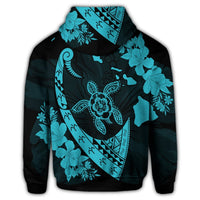 Hawaiian Map Hibiscus Turtle Fish Hook Polynesian Zip Hoodie Blue - Polynesian Pride