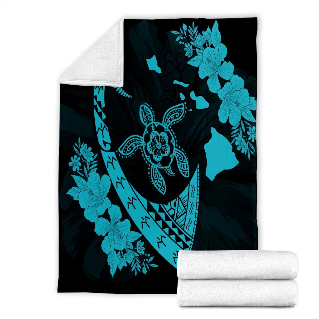 Hawaiian Map Hibiscus Turtle Fish Hook Polynesian Premium Blankets Blue - AH - Polynesian Pride