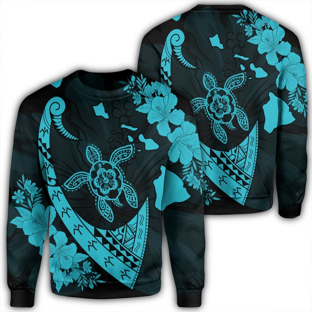 Hawaiian Map Hibiscus Turtle Fish Hook Polynesian Sweatshirt Blue - AH Unisex Black - Polynesian Pride