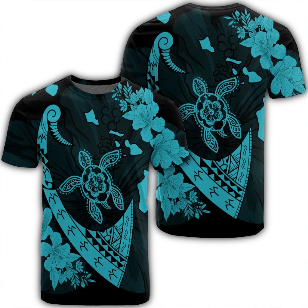 Hawaiian Map Hibiscus Turtle Fish Hook Polynesian T Shirt Blue Unisex Black - Polynesian Pride