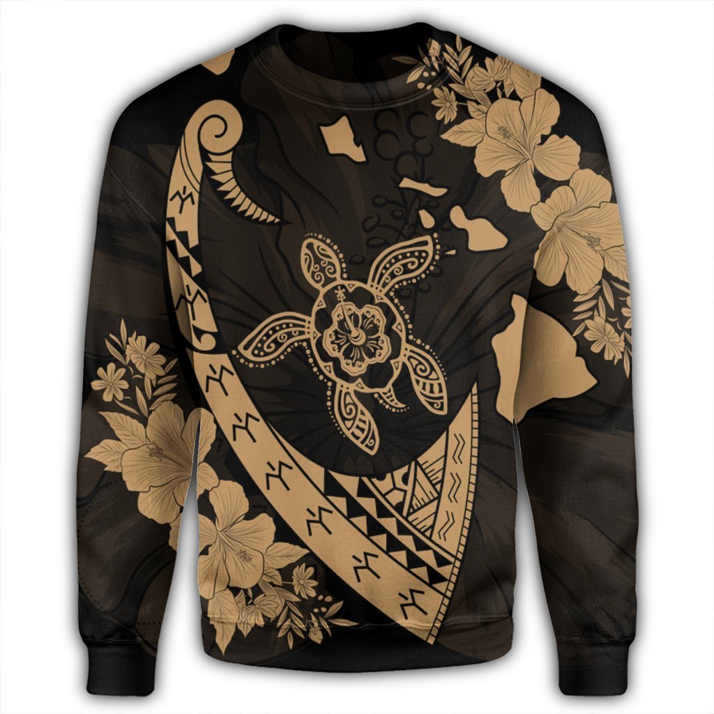 Hawaiian Map Hibiscus Turtle Fish Hook Polynesian Sweatshirt Gold - AH - Polynesian Pride