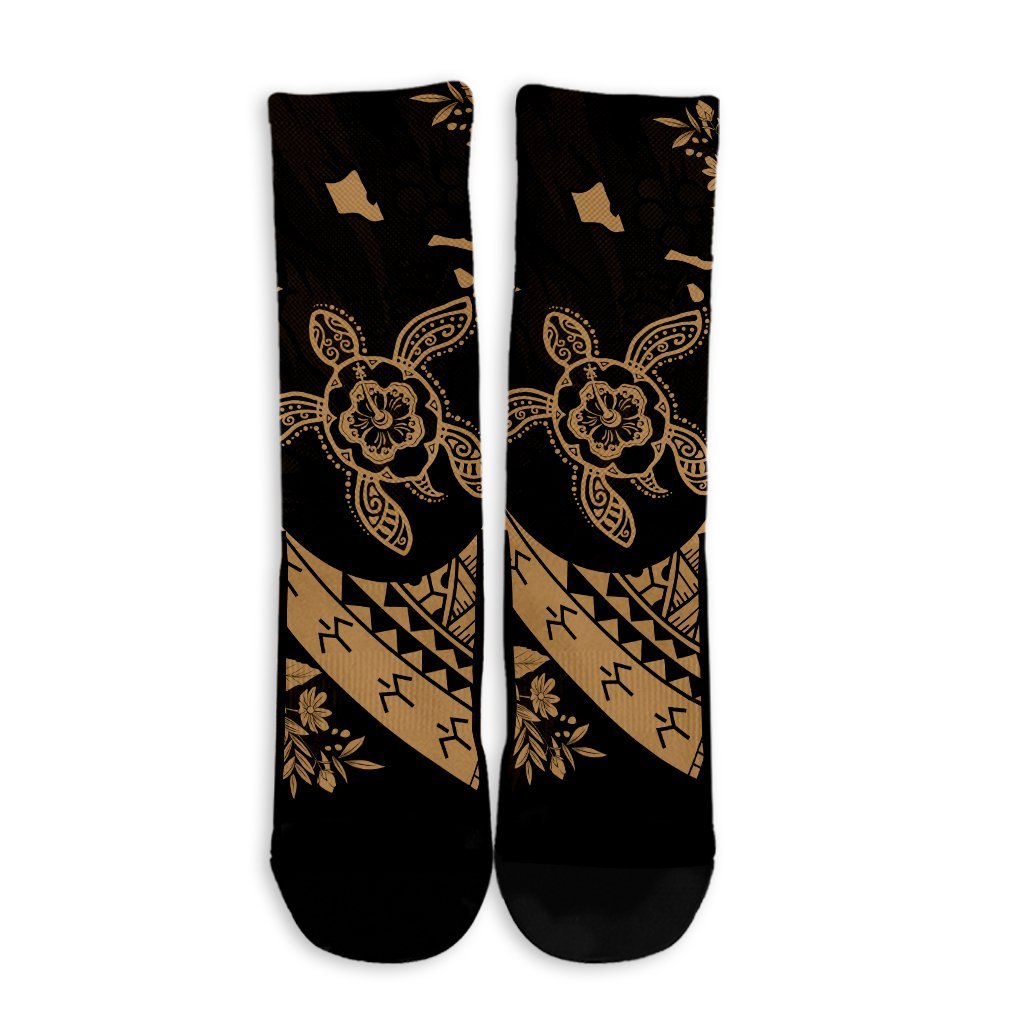 Hawaiian Map Hibiscus Turtle Fish Hook Polynesian Crew Socks Gold - AH - Polynesian Pride
