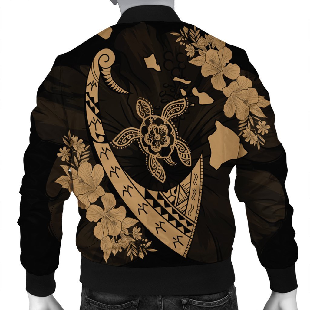 Hawaiian Map Hibiscus Turtle Fish Hook Polynesian Bomber Jacket Gold - AH - Polynesian Pride