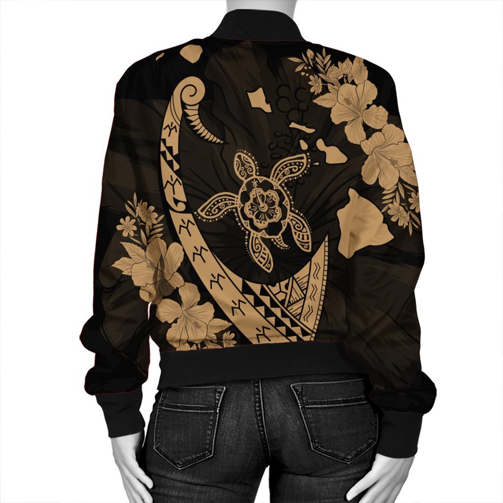 Hawaiian Map Hibiscus Turtle Fish Hook Polynesian Bomber Jacket Gold - AH - Polynesian Pride