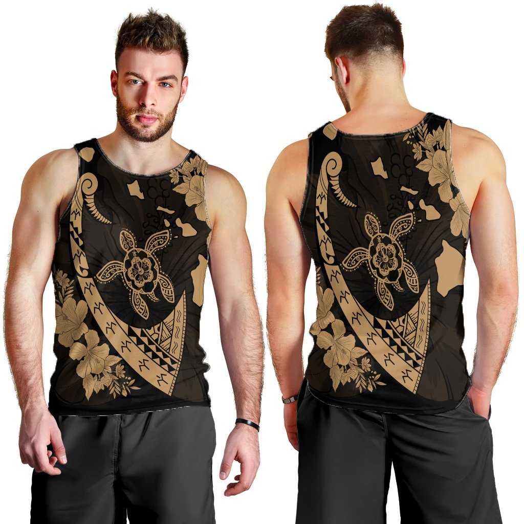 Hawaiian Map Hibiscus Turtle Fish Hook Polynesian Tank Top Gold - AH - Polynesian Pride