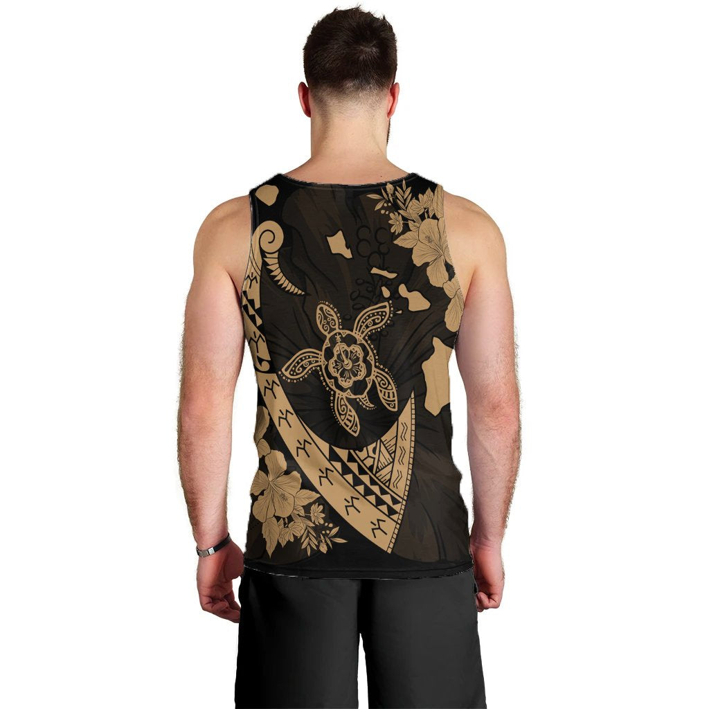 Hawaiian Map Hibiscus Turtle Fish Hook Polynesian Tank Top Gold - AH - Polynesian Pride