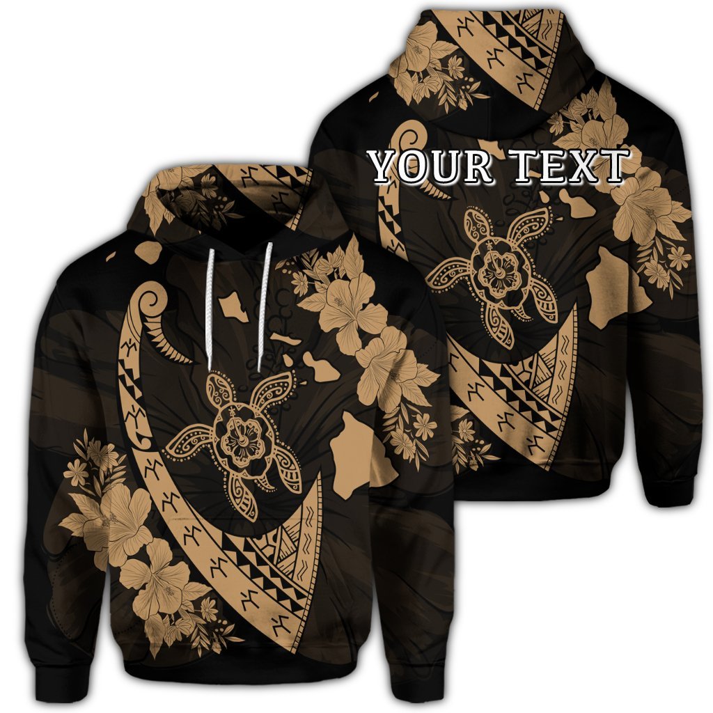 Custom Hawaiian Map Hibiscus Turtle Fish Hook Polynesian Hoodie Gold Unisex Art - Polynesian Pride