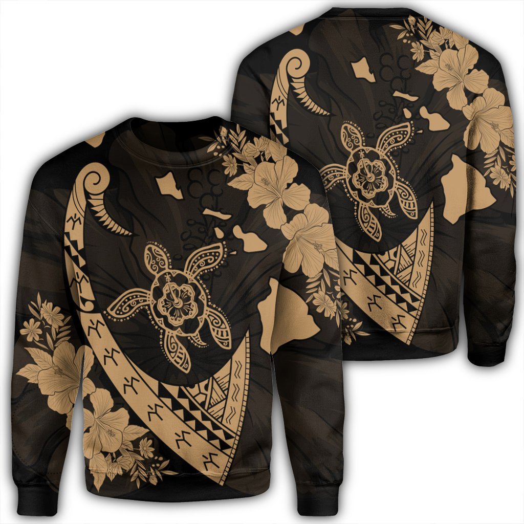 Hawaiian Map Hibiscus Turtle Fish Hook Polynesian Sweatshirt Gold - AH Unisex Black - Polynesian Pride