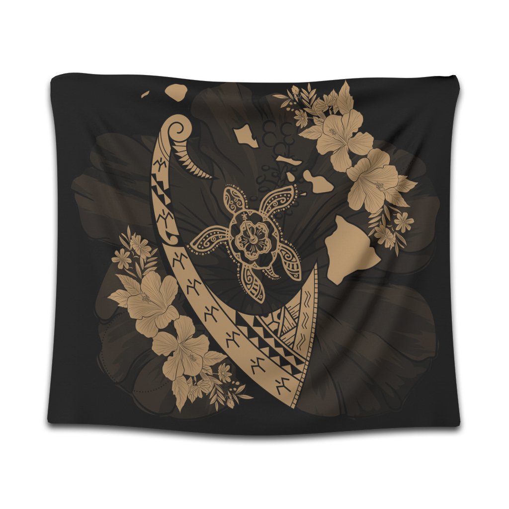 Hawaiian Map Hibiscus Turtle Fish Hook Polynesian Tapestry Gold - AH Wall Tapestry Black - Polynesian Pride