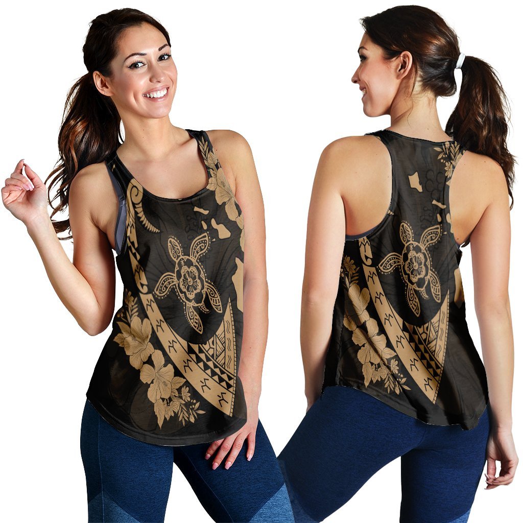 Hawaiian Map Hibiscus Turtle Fish Hook Polynesian Racerback Tank Gold - AH Black - Polynesian Pride