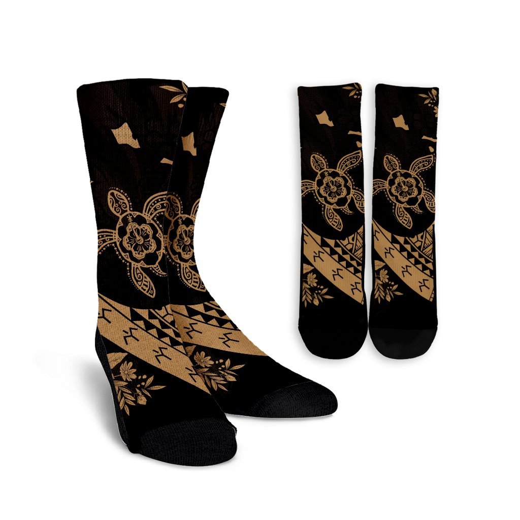 Hawaiian Map Hibiscus Turtle Fish Hook Polynesian Crew Socks Gold - AH Crew Socks White - Polynesian Pride