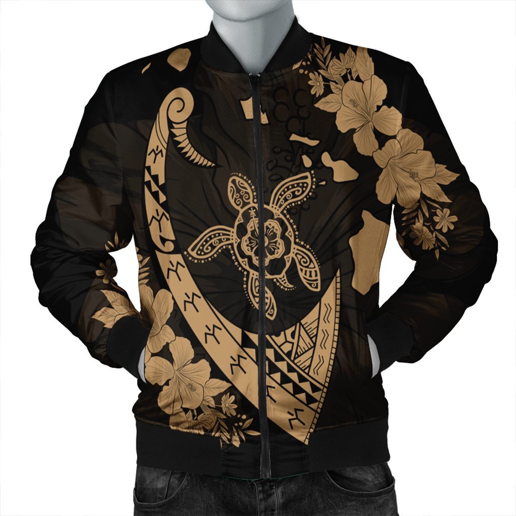 Hawaiian Map Hibiscus Turtle Fish Hook Polynesian Bomber Jacket Gold - AH Black Unisex - Polynesian Pride