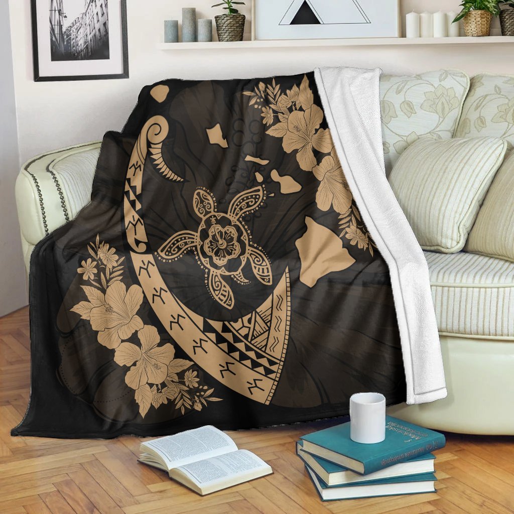 Hawaiian Map Hibiscus Turtle Fish Hook Polynesian Premium Blankets Gold - AH White - Polynesian Pride