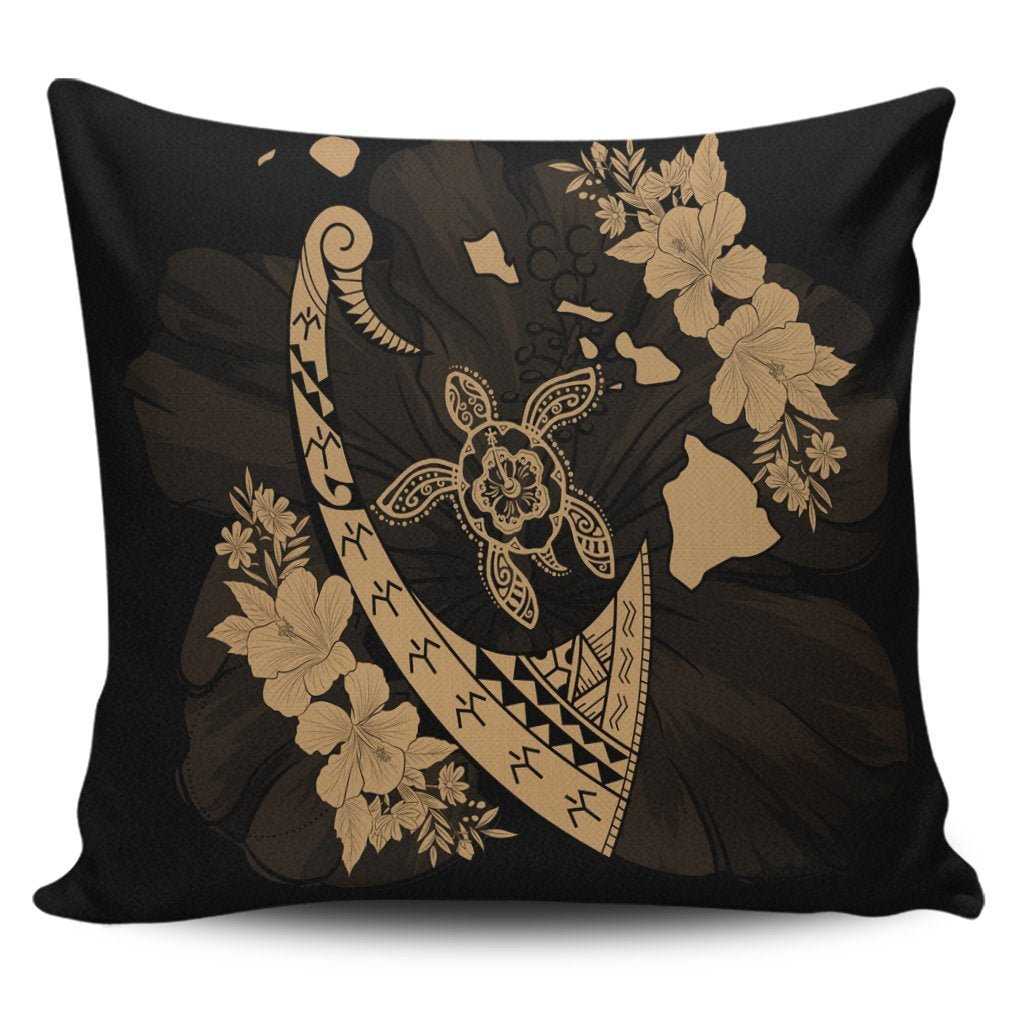 Hawaiian Map Hibiscus Turtle Fish Hook Polynesian Pillow Covers Gold - AH Pillow Covers Black - Polynesian Pride