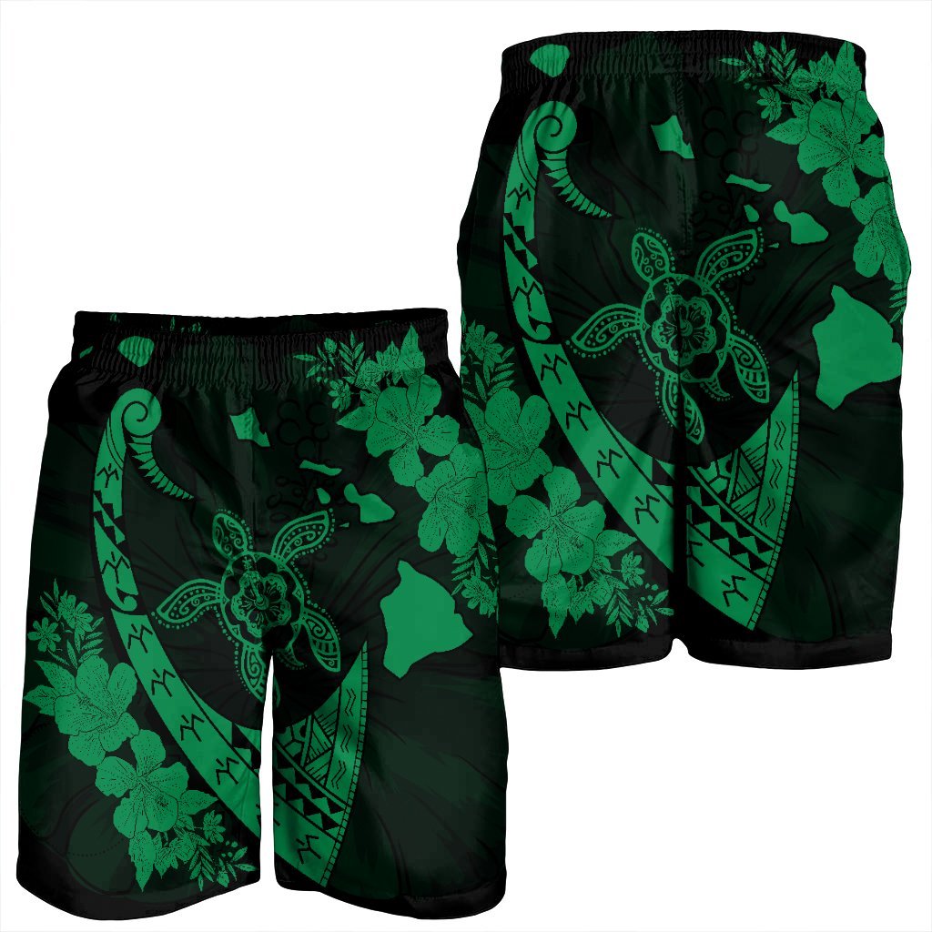 Hawaiian Map Hibiscus Turtle Fish Hook Polynesian Men's Shorts Green - AH - Polynesian Pride