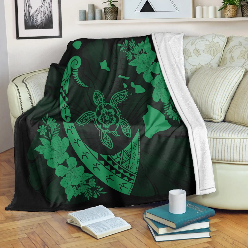 Hawaiian Map Hibiscus Turtle Fish Hook Polynesian Premium Blankets Green - AH White - Polynesian Pride