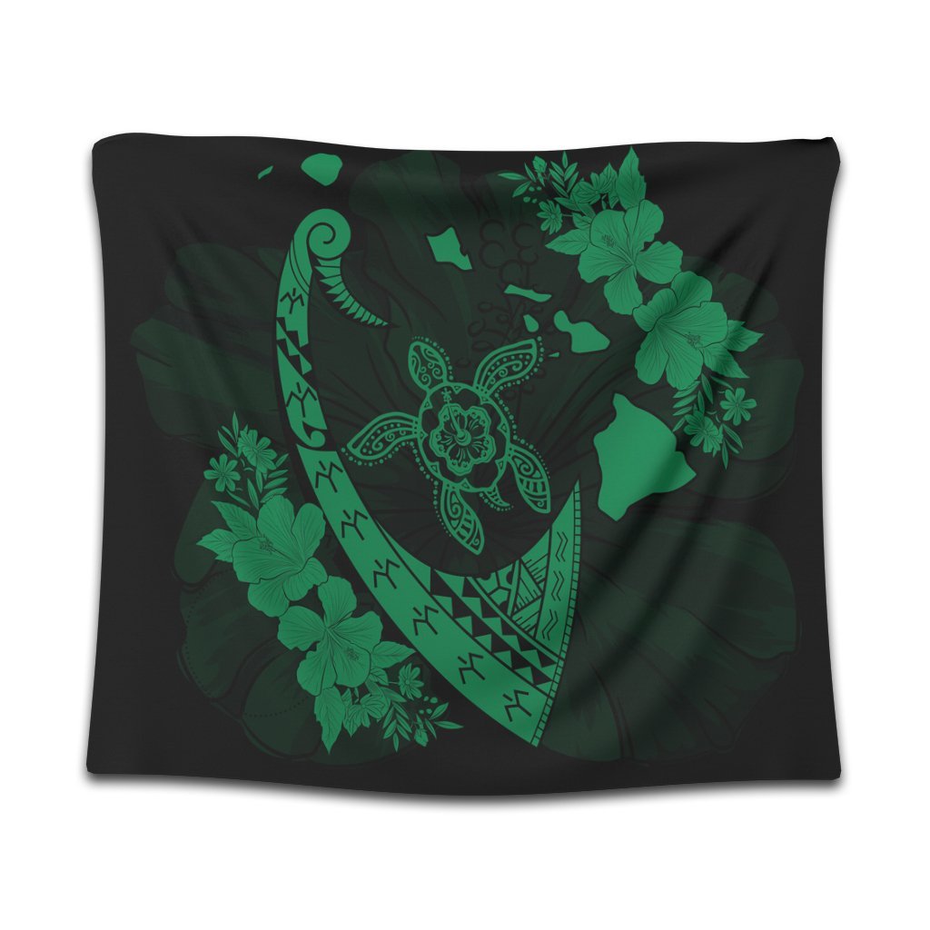 Hawaiian Map Hibiscus Turtle Fish Hook Polynesian Tapestry Green - AH Wall Tapestry Black - Polynesian Pride