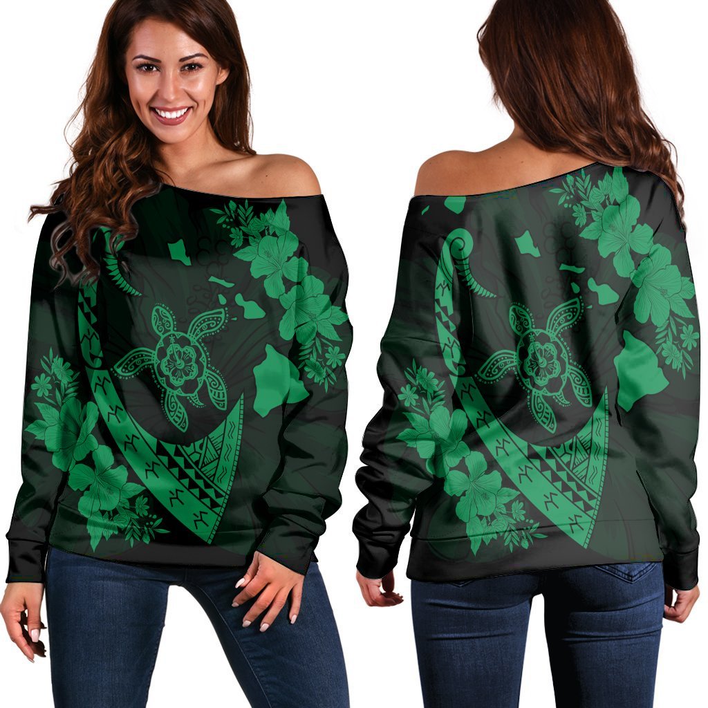 Hawaiian Map Hibiscus Turtle Fish Hook Polynesian Women's Off Shoulder Sweater Green - AH Black - Polynesian Pride