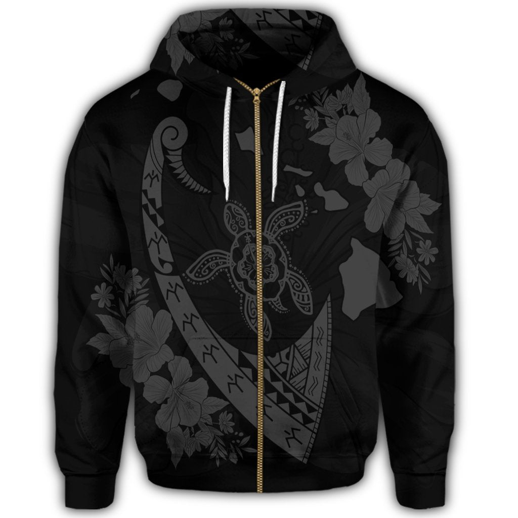 Hawaiian Map Hibiscus Turtle Fish Hook Polynesian Zip Hoodie Grey - Polynesian Pride