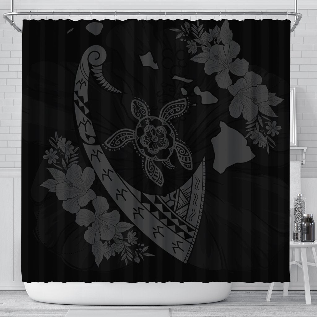 Hawaiian Map Hibiscus Turtle Fish Hook Polynesian Shower Curtain Grey - AH 177 x 172 (cm) Black - Polynesian Pride