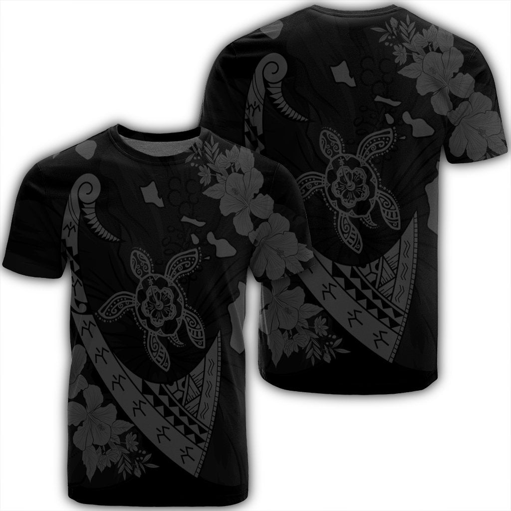 Hawaiian Map Hibiscus Turtle Fish Hook Polynesian T Shirt Grey Unisex Black - Polynesian Pride