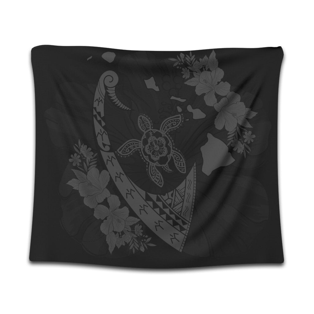 Hawaiian Map Hibiscus Turtle Fish Hook Polynesian Tapestry Grey - AH Wall Tapestry Black - Polynesian Pride