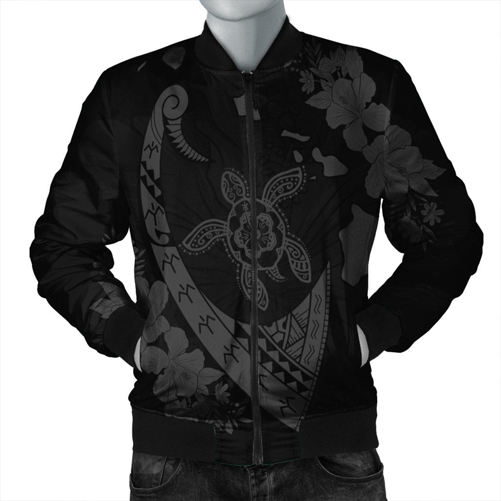 Hawaiian Map Hibiscus Turtle Fish Hook Polynesian Bomber Jacket Grey - AH Black Unisex - Polynesian Pride