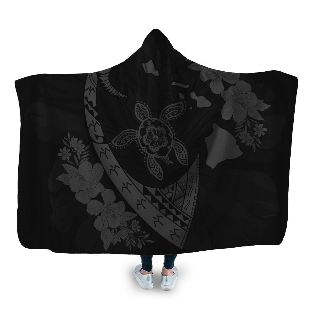 Hawaiian Map Hibiscus Turtle Fish Hook Polynesian Hooded Blanket Grey - AH Hooded Blanket White - Polynesian Pride