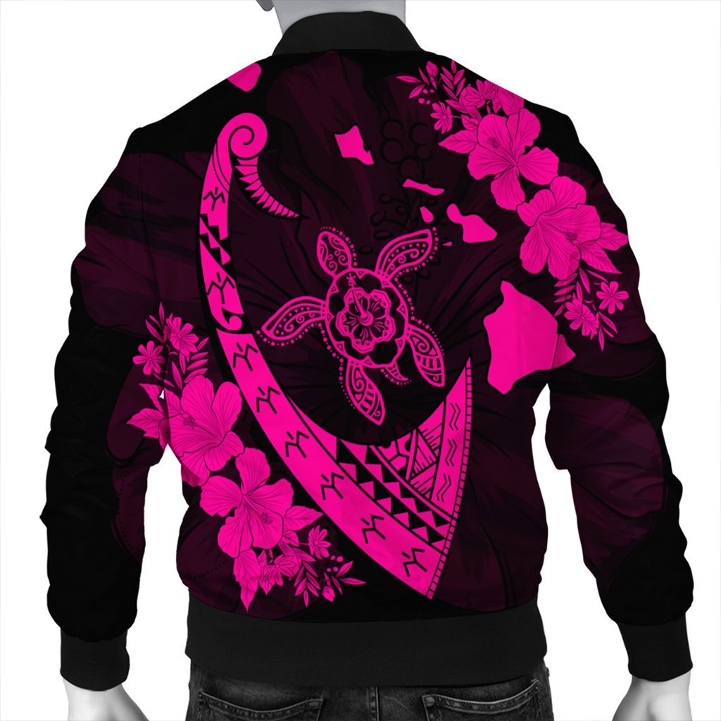 Hawaiian Map Hibiscus Turtle Fish Hook Polynesian Bomber Jacket Pink - AH - Polynesian Pride