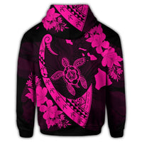 Hawaiian Map Hibiscus Turtle Fish Hook Polynesian Zip Hoodie Pink - Polynesian Pride