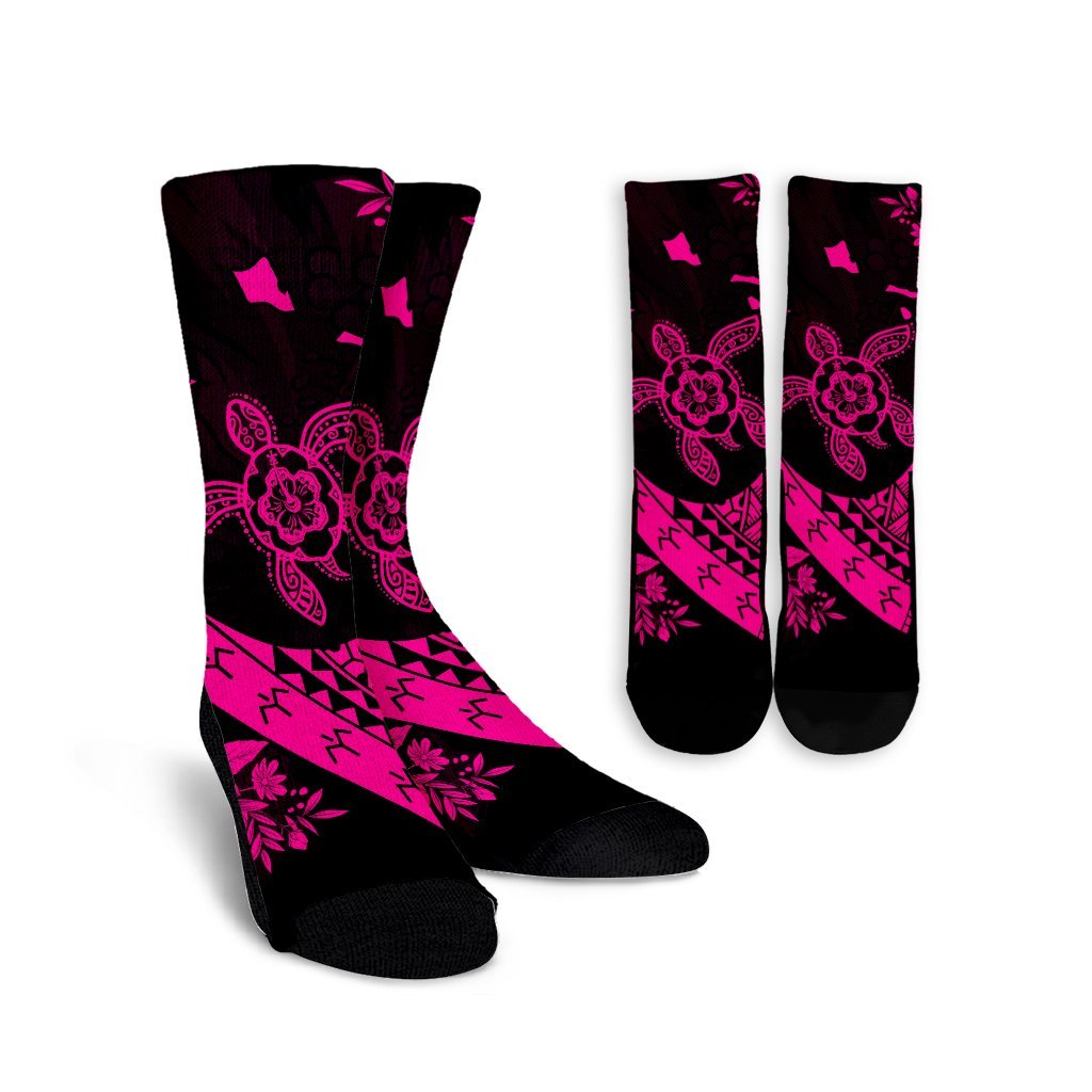 Hawaiian Map Hibiscus Turtle Fish Hook Polynesian Crew Socks Pink - AH Crew Socks White - Polynesian Pride