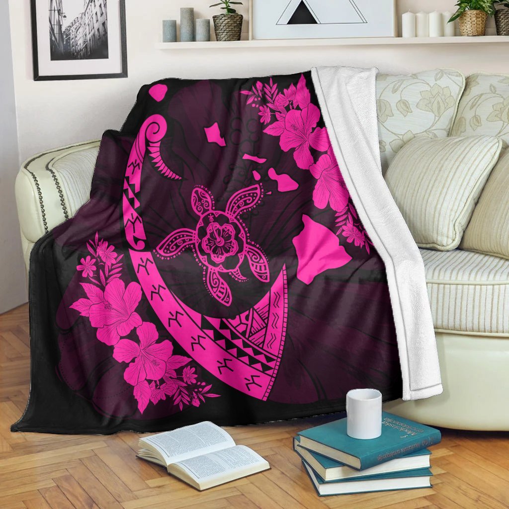 Hawaiian Map Hibiscus Turtle Fish Hook Polynesian Premium Blankets Pink - AH White - Polynesian Pride