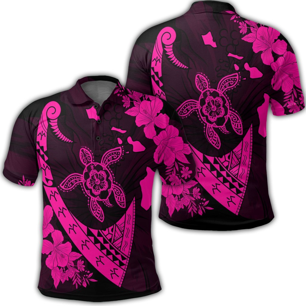 Hawaiian Map Hibiscus Turtle Fish Hook Polynesian Polo Shirt Pink Unisex Black - Polynesian Pride