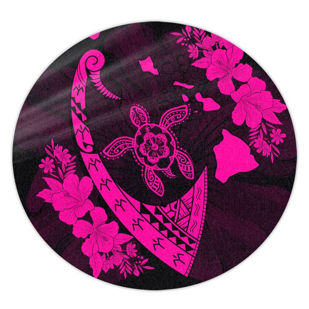 Hawaiian Map Hibiscus Turtle Fish Hook Polynesian Round Carpet Pink - AH Round Carpet Luxurious Plush - Polynesian Pride