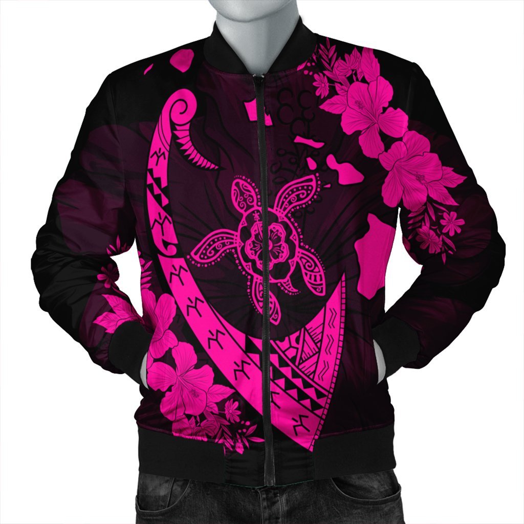 Hawaiian Map Hibiscus Turtle Fish Hook Polynesian Bomber Jacket Pink - AH Black Unisex - Polynesian Pride