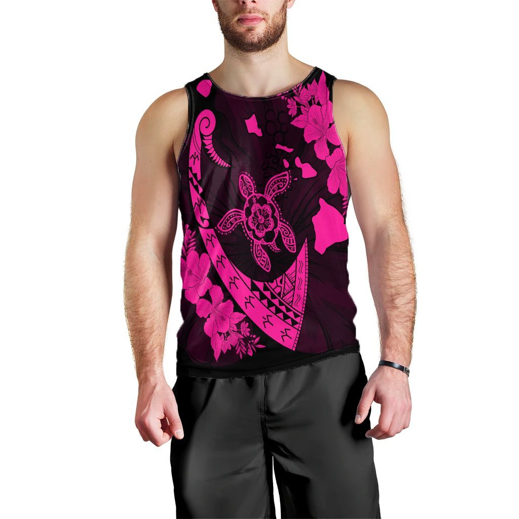 Hawaiian Map Hibiscus Turtle Fish Hook Polynesian Tank Top Pink - AH Black - Polynesian Pride
