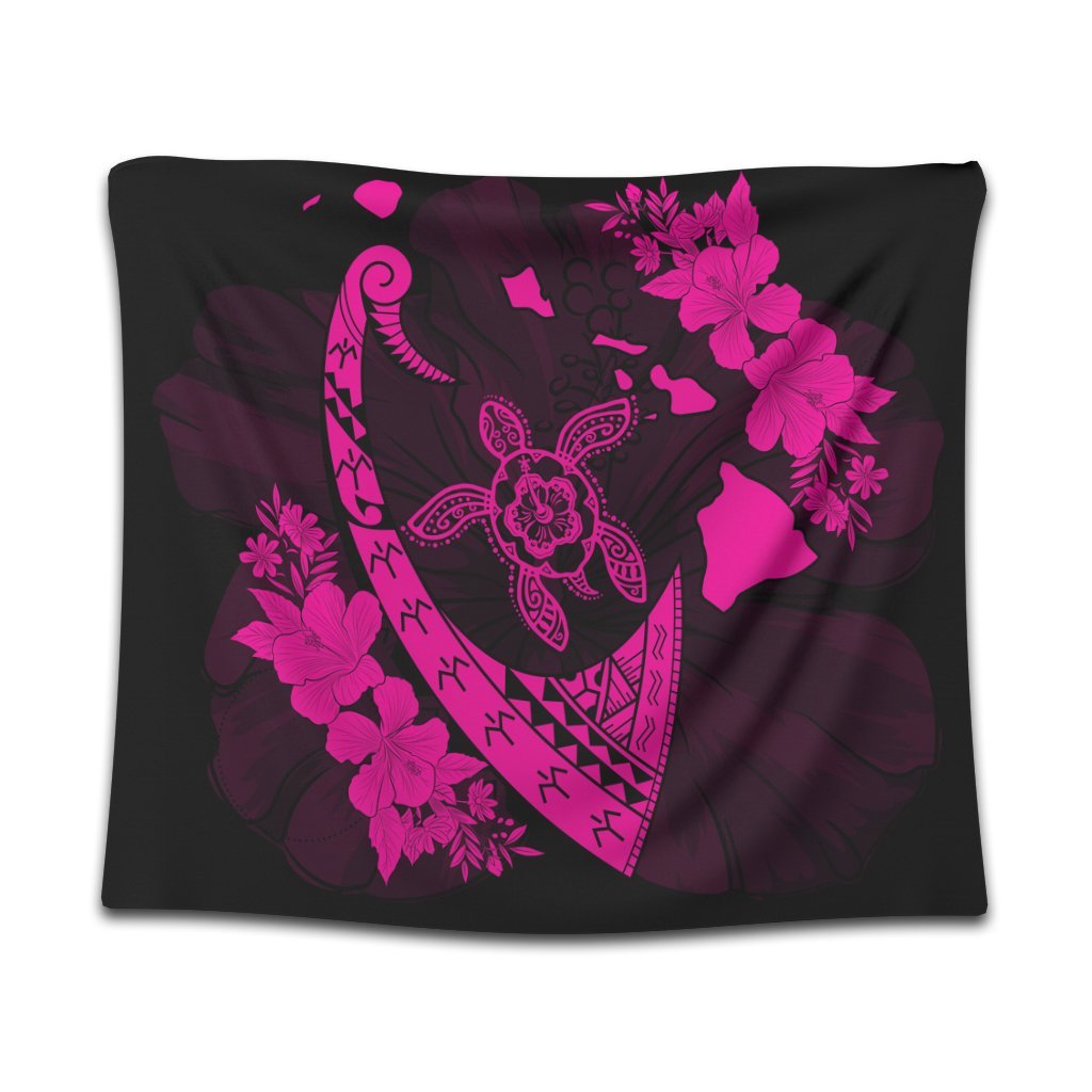 Hawaiian Map Hibiscus Turtle Fish Hook Polynesian Tapestry Pink - AH Wall Tapestry Black - Polynesian Pride