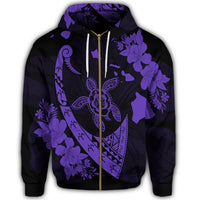 Hawaiian Map Hibiscus Turtle Fish Hook Polynesian Zip Hoodie Purple - Polynesian Pride