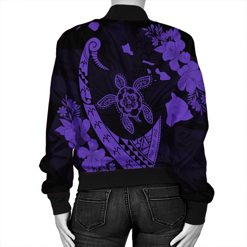Hawaiian Map Hibiscus Turtle Fish Hook Polynesian Bomber Jacket Purple - AH - Polynesian Pride