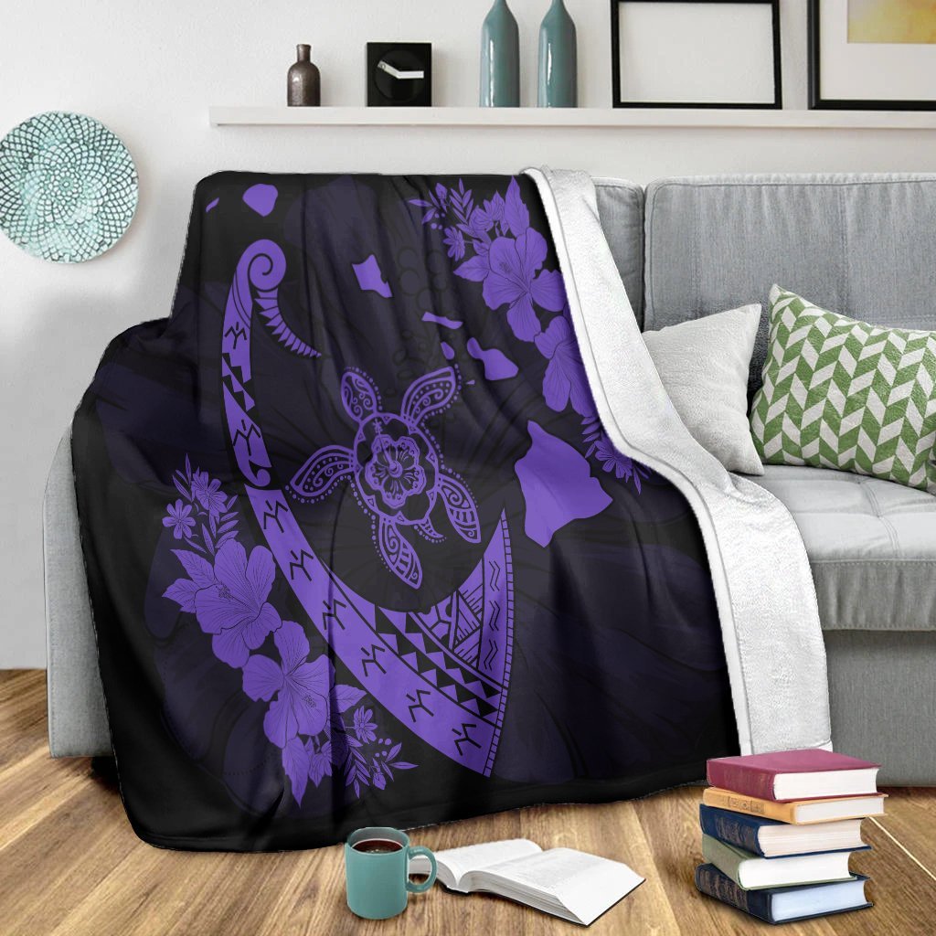 Hawaiian Map Hibiscus Turtle Fish Hook Polynesian Premium Blankets Purple - AH - Polynesian Pride