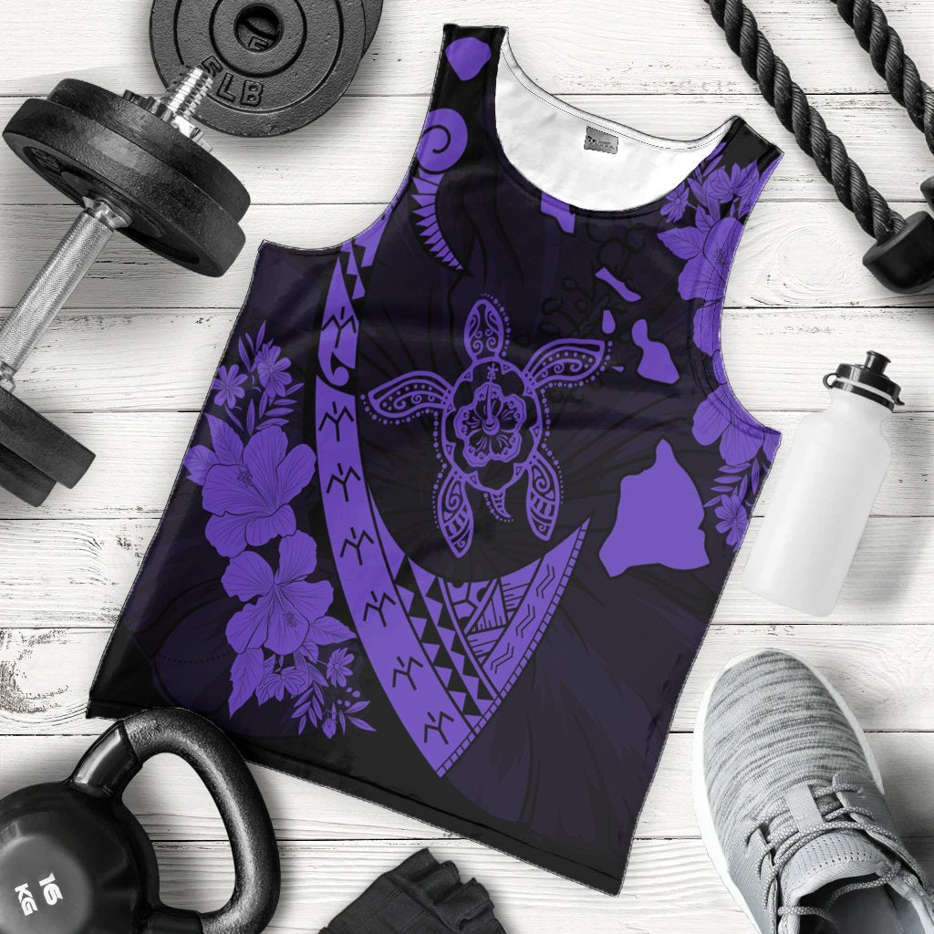 Hawaiian Map Hibiscus Turtle Fish Hook Polynesian Tank Top Purple - AH - Polynesian Pride