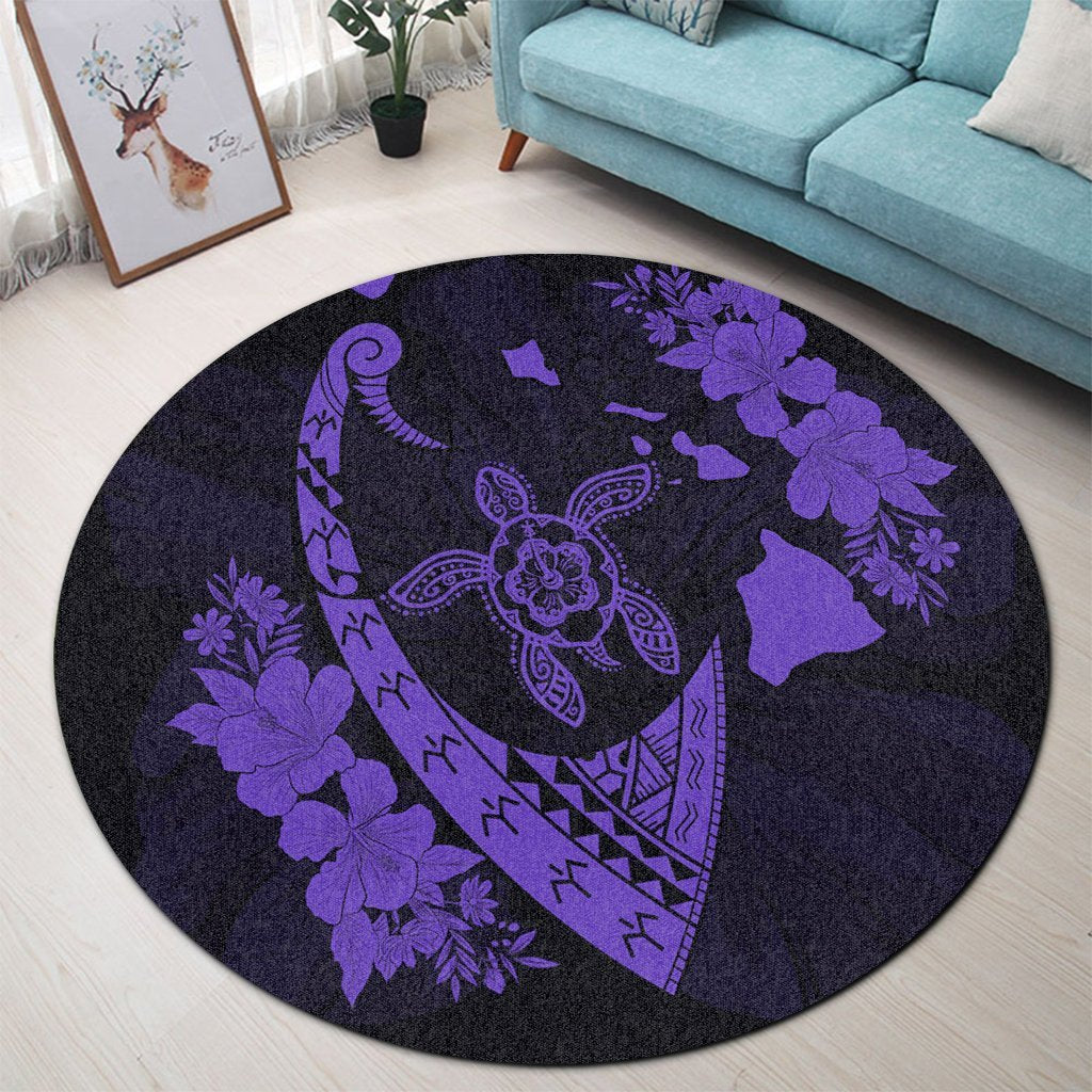 Hawaiian Map Hibiscus Turtle Fish Hook Polynesian Round Carpet Purple - AH - Polynesian Pride