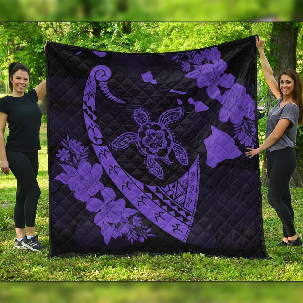 Hawaiian Map Hibiscus Turtle Fish Hook Polynesian Premium Quilts Purple - AH Black - Polynesian Pride